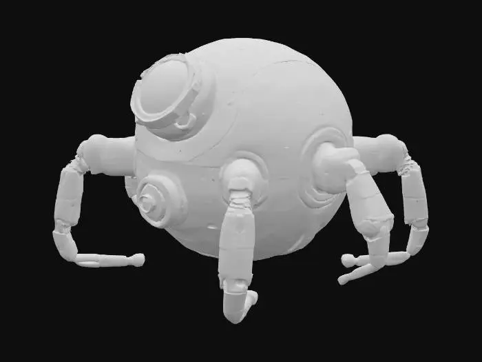 3D model for Служебный дроид, его сферическое тело из полированного белого пластика, с несколькими выступающими конечностями-манипуляторами. Пластик идеально гладкий, теплый на ощупь, с легким глянцевым блеском. Манипуляторы из матового серого металла, с многочисленными шарнирами, кажутся прочными. В центре дроида расположен крупный черный оптический датчик, похожий на глаз. Он выглядит компактным и функциональным.