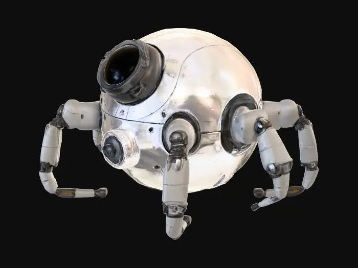 3D model for Служебный дроид, его сферическое тело из полированного белого пластика, с несколькими выступающими конечностями-манипуляторами. Пластик идеально гладкий, теплый на ощупь, с легким глянцевым блеском. Манипуляторы из матового серого металла, с многочисленными шарнирами, кажутся прочными. В центре дроида расположен крупный черный оптический датчик, похожий на глаз. Он выглядит компактным и функциональным.