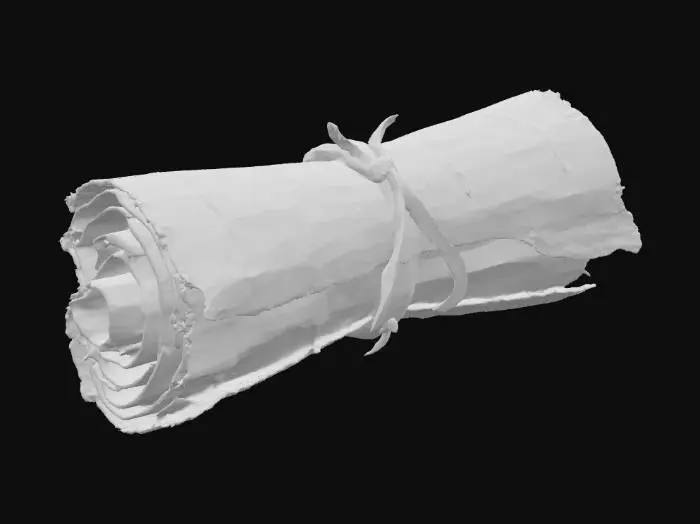 3D model for Свиток из пожелтевшего пергамента, свернутый и перевязанный тонкой красной шелковой лентой. Пергамент имеет текстуру, напоминающую тонкую, сухую кожу, с небольшими неровностями и разводами. Края свитка слегка обтрепаны, что придает ему вид старого и многократно использованного предмета.