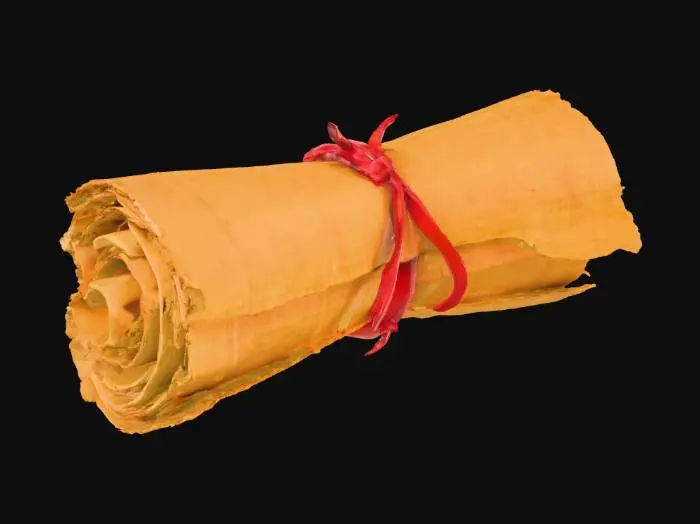 3D model for Свиток из пожелтевшего пергамента, свернутый и перевязанный тонкой красной шелковой лентой. Пергамент имеет текстуру, напоминающую тонкую, сухую кожу, с небольшими неровностями и разводами. Края свитка слегка обтрепаны, что придает ему вид старого и многократно использованного предмета.