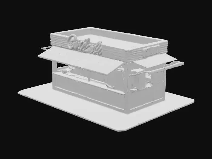 3D model for Киберпанк-уличная закусочная, построенная из гофрированных металлических листов, покрытых яркими, отслоившимися граффити. Основная стойка представляет собой изношенный темный ламинат. В структуру встроены мерцающие неоновые вывески с беспорядочными, ярко-зелеными и розовыми огнями, освещающими ее грязную поверхность. Металлические панели заметно помяты, ощущаются грубыми и холодными на ощупь.