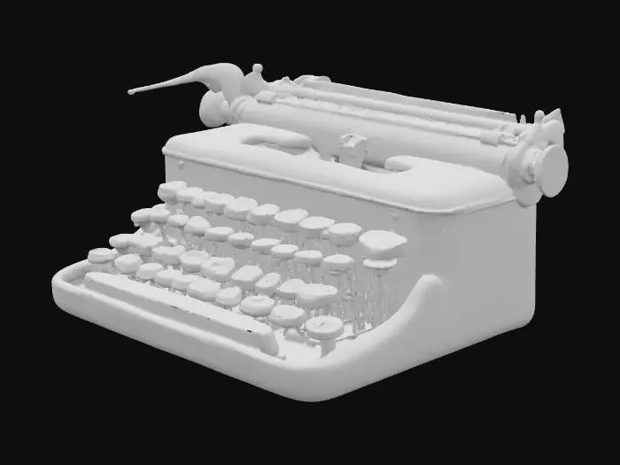 3D model for Винтажная печатная машинка, полностью выполненная из полированного золота и гладкой слоновой кости. Металлическая рама и клавиши отливают ярким, теплым золотым блеском, а детали из слоновой кости имеют кремово-белый, матовый оттенок. Каждая клавиша украшена выгравированной руной, которая излучает мягкое, постоянное свечение, словно подсвеченное изнутри. Металл ощущается прохладным, а слоновая кость – гладкой и теплой.