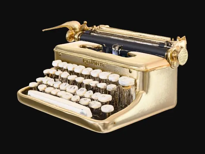 3D model for Винтажная печатная машинка, полностью выполненная из полированного золота и гладкой слоновой кости. Металлическая рама и клавиши отливают ярким, теплым золотым блеском, а детали из слоновой кости имеют кремово-белый, матовый оттенок. Каждая клавиша украшена выгравированной руной, которая излучает мягкое, постоянное свечение, словно подсвеченное изнутри. Металл ощущается прохладным, а слоновая кость – гладкой и теплой.