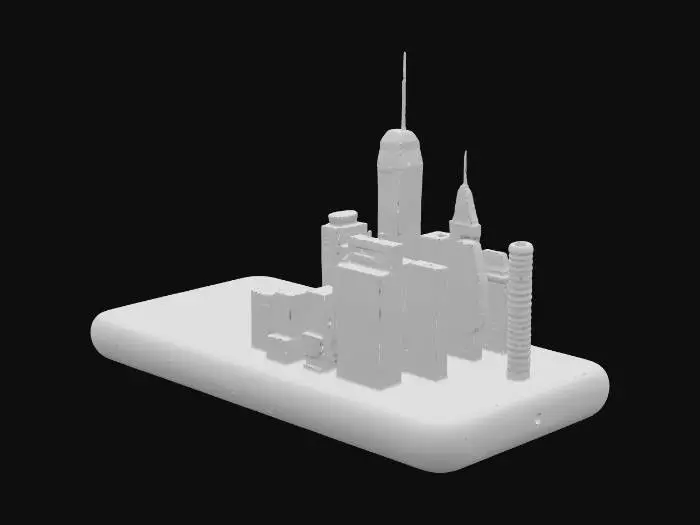 3D model for Смартфон с минималистичным, гладким корпусом из матового черного металла и полностью прозрачным экраном. С экрана постоянно проецируется трехмерная голограмма оживленного футуристического города, парящая над устройством. Поверхность телефона гладкая и холодная на ощупь, а голографическое изображение города кажется объемным и мерцающим.