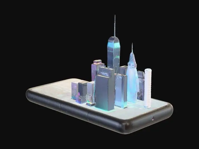 3D model for Смартфон с минималистичным, гладким корпусом из матового черного металла и полностью прозрачным экраном. С экрана постоянно проецируется трехмерная голограмма оживленного футуристического города, парящая над устройством. Поверхность телефона гладкая и холодная на ощупь, а голографическое изображение города кажется объемным и мерцающим.