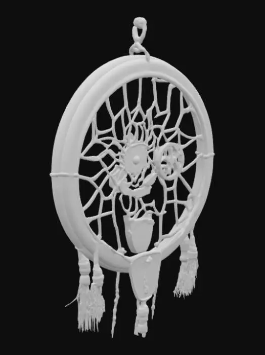 3D model for Классический ловец снов, но с добавлением медных шестеренок, которые тихо вращаются от ветра. Перья заменены на тонкие пластинки с гравировкой