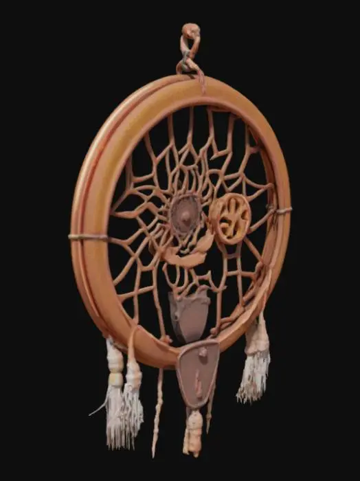 3D model for Классический ловец снов, но с добавлением медных шестеренок, которые тихо вращаются от ветра. Перья заменены на тонкие пластинки с гравировкой