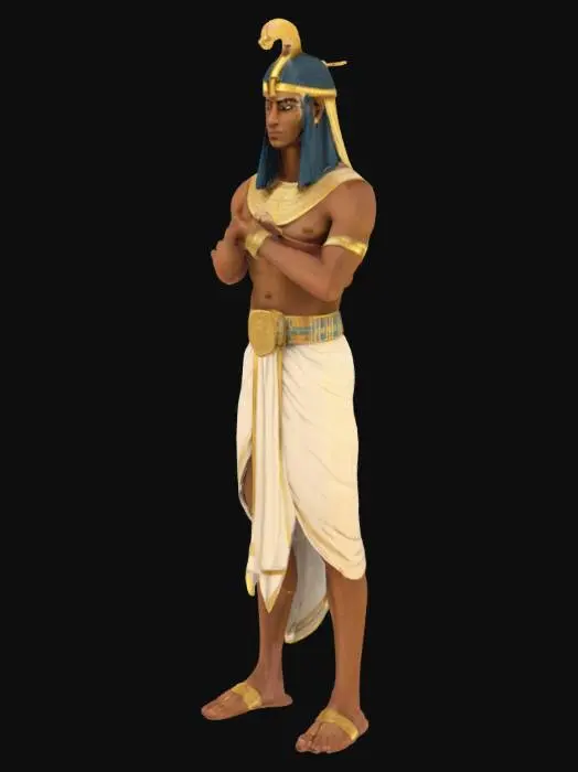 3D model for Древнеегипетский фараон
Промпт: Величественный фараон с властной осанкой, стоящий со скрещенными руками. У него загорелая кожа, резкие черты лица и золотой головной убор немес с эмблемой кобры. На нем белый льняной шендит (килт) с золотой вышивкой, широкий ошейник и сандалии. В руках он держит посох и плеть, скрещенные на груди. Стиль реалистичный с проработкой деталей украшений и головного убора.