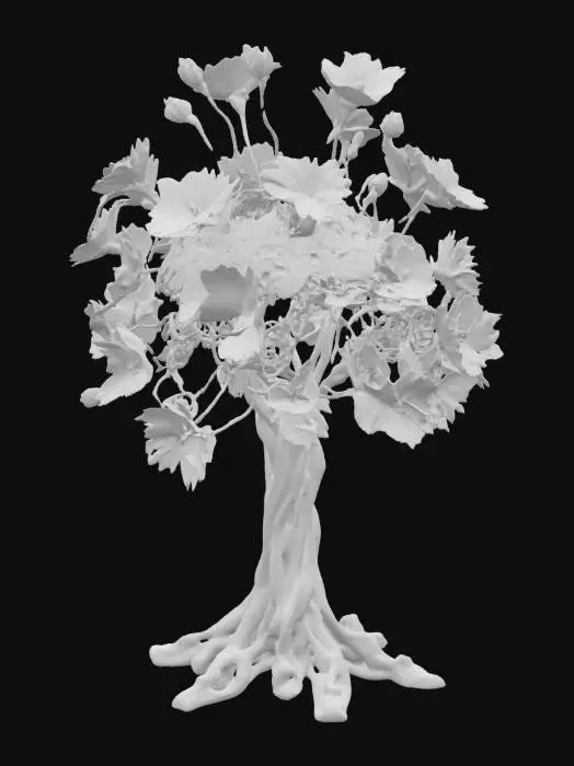 3D model for Цветущее механическое дерево, чьи ветви состоят из тонких, искусно выточенных латунных шестеренок и медных проводов, имитирующих листья. На кончиках ветвей распускаются "цветы" — миниатюрные, ярко-красные рубины, окруженные золотыми лепестками. Корни представляют собой массивные стальные опоры, уходящие в землю.