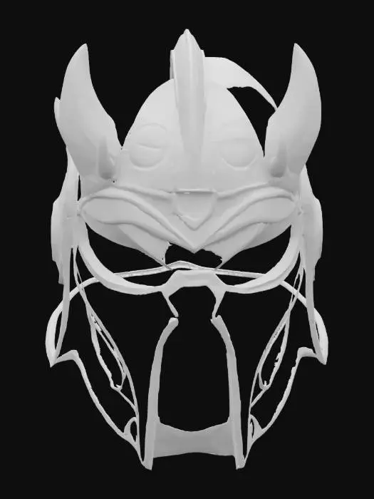 3D model for Шлем, выкованный из застывшего дыма, черный и полупрозрачный, с постоянно движущимися, переливающимися узорами на поверхности, словно клубы тумана. Несмотря на кажущуюся эфемерность, он имеет четкую форму, напоминающую древнее орочье снаряжение, с острыми выступами. На ощупь шлем кажется холодным и неуловимым, словно сквозь него проходит воздух.