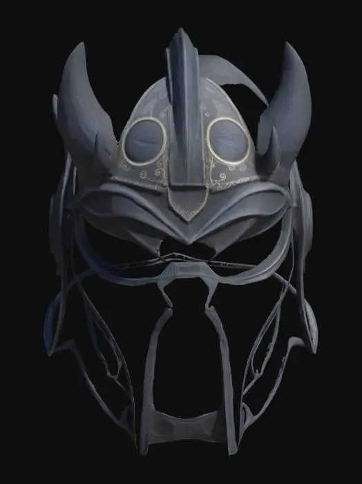 3D model for Шлем, выкованный из застывшего дыма, черный и полупрозрачный, с постоянно движущимися, переливающимися узорами на поверхности, словно клубы тумана. Несмотря на кажущуюся эфемерность, он имеет четкую форму, напоминающую древнее орочье снаряжение, с острыми выступами. На ощупь шлем кажется холодным и неуловимым, словно сквозь него проходит воздух.