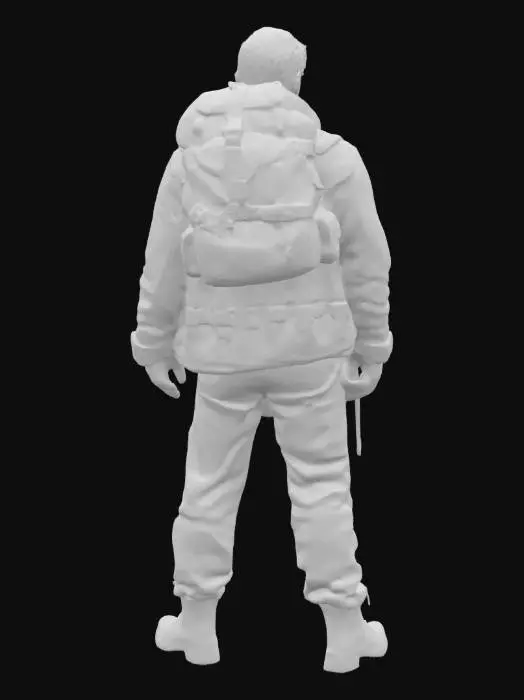 3D model for Постапокалиптический выживший, облаченный в рваную, многослойную одежду из выцветшего денима и грубой кожи. Его лицо и руки покрыты шрамами и въевшейся грязью. На плече висит самодельный рюкзак из брезента, а на поясе — связка инструментов. Телосложение худощавое, но жилистое, взгляд настороженный.