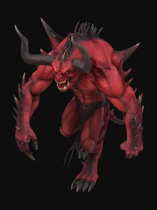 3D model for Угловатый демон с темно-красной, чешуйчатой кожей, покрытой выступающими острыми шипами. На голове у него массивные, загнутые рога, а когти на руках и ногах длинные и черные. Мышцы отчетливо видны под кожей. Выражение морды злобное, оскаленное, взгляд хищный.