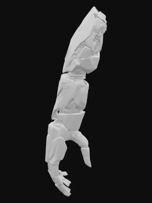 3D model for Средний по размеру кибернетический протез руки, выполненный из матового титана и гибких полимерных сегментов. Его форма анатомически точна, но с угловатыми, футуристическими линиями. Титановые части имеют прохладную, гладкую текстуру и металлический блеск, в то время как полимерные элементы кажутся мягкими и слегка шероховатыми на сгибах. Цвет — темно-серый с голубоватым отливом, с едва заметными светящимися линиями.