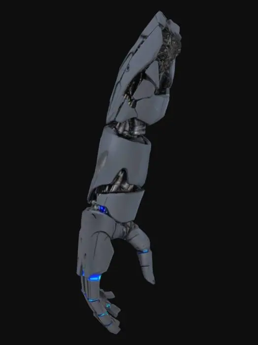 3D model for Средний по размеру кибернетический протез руки, выполненный из матового титана и гибких полимерных сегментов. Его форма анатомически точна, но с угловатыми, футуристическими линиями. Титановые части имеют прохладную, гладкую текстуру и металлический блеск, в то время как полимерные элементы кажутся мягкими и слегка шероховатыми на сгибах. Цвет — темно-серый с голубоватым отливом, с едва заметными светящимися линиями.