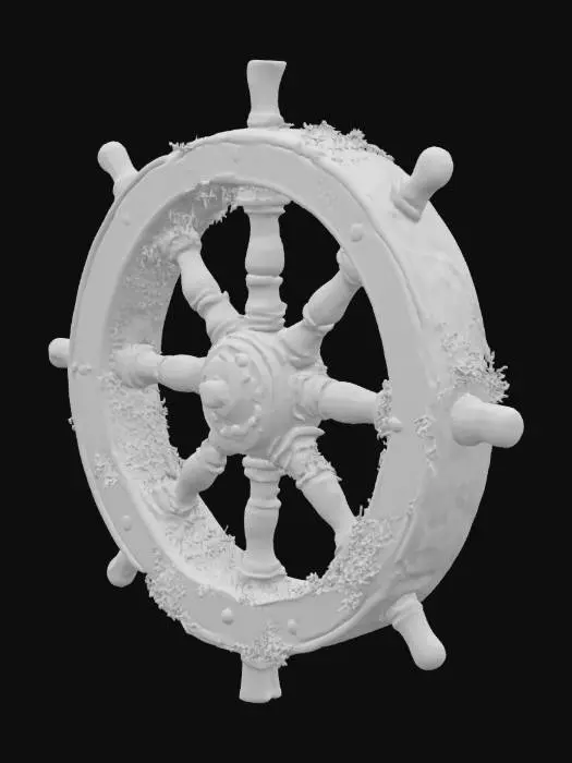 3D model for Старинный деревянный штурвал, покрытый морскими водорослями и ракушками, с массивными, потрескавшимися спицами. Древесина темно-бурая, разбухшая от воды, с шершавой, мшистой текстурой, местами разрушенной морскими червями. Металлический обод, когда-то блестящий, теперь покрыт толстым слоем ржавчины и морских наростов. Форма круглая, но слегка искривленная временем. #ocean#