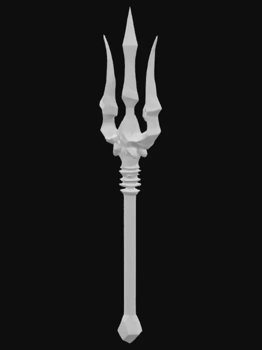 3D model for Могучий трезубец из кристаллов морской соли, излучающий ледяную магию и замораживающий волны. Кристаллы белые, прозрачные, с острыми гранями и идеально гладкой, прохладной поверхностью. Они ощущаются холодными и твердыми, с легким мерцанием. Рукоять оплетена тонкими, переливающимися нитями из замороженной воды. Трезубец кажется хрупким, но источает мощную силу холода. #ocean#