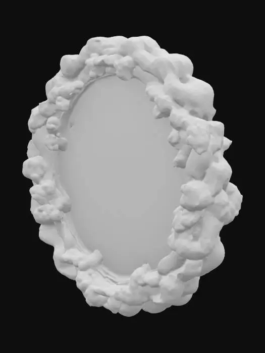 3D model for Магическое зеркало, покрытое тонким слоем морской пены, отражающее нереальные подводные миры. Рама зеркала сделана из окаменевших водорослей, твердых и шершавых, с зеленоватым оттенком. Поверхность зеркала покрыта слоем легкой, искрящейся пены, которая постоянно движется и меняет свои узоры. Сквозь пену проглядывают фантастические, мерцающие образы. #ocean#