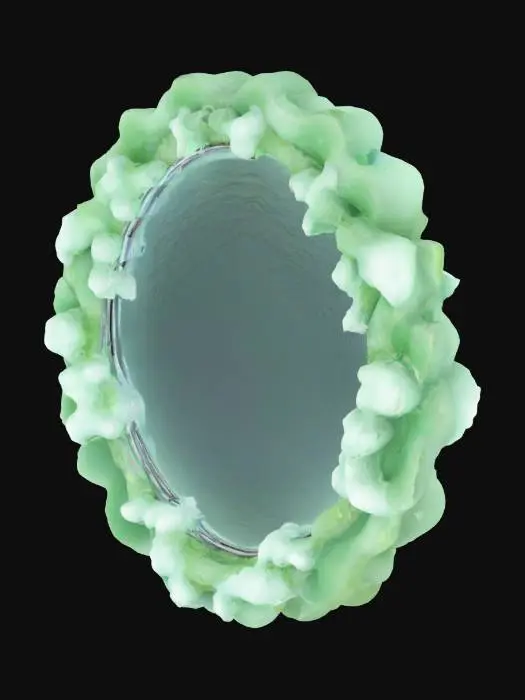 3D model for Магическое зеркало, покрытое тонким слоем морской пены, отражающее нереальные подводные миры. Рама зеркала сделана из окаменевших водорослей, твердых и шершавых, с зеленоватым оттенком. Поверхность зеркала покрыта слоем легкой, искрящейся пены, которая постоянно движется и меняет свои узоры. Сквозь пену проглядывают фантастические, мерцающие образы. #ocean#