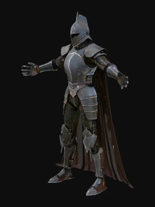 3D model for Рыцарь Забвения, облаченный в массивные, почерневшие стальные латы, покрытые острыми шипами. Металл матовый, местами покрыт ржавчиной и въевшейся грязью, ощущается грубым и холодным. Из прорезей шлема не видно лица, лишь алые, угрожающие точки света. Поза рыцаря тяжеловесная и неподвижная, излучающая ощущение огромной, неумолимой силы. На плаще из грубой, темной ткани видны рваные края.