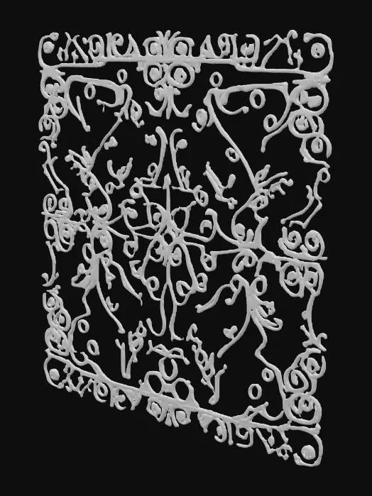 3D model for Кованая металлическая решетка с филигранным узором из тонких, витых прутьев. Металл темно-серый, матовый, с легкой шероховатостью, местами покрыт едва заметной ржавчиной. Узор состоит из множества тонких, переплетающихся завитков и листьев, создающих эффект кружева. Решетка кажется прочной, но изящной, с множеством мелких деталей, отбрасывающих сложные тени.