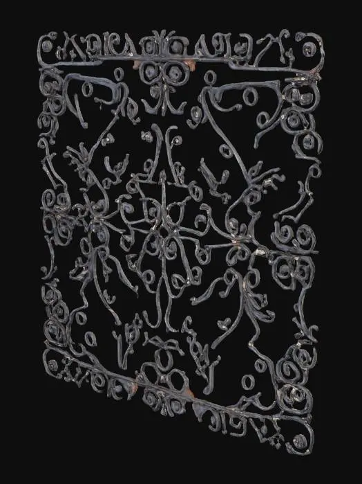 3D model for Кованая металлическая решетка с филигранным узором из тонких, витых прутьев. Металл темно-серый, матовый, с легкой шероховатостью, местами покрыт едва заметной ржавчиной. Узор состоит из множества тонких, переплетающихся завитков и листьев, создающих эффект кружева. Решетка кажется прочной, но изящной, с множеством мелких деталей, отбрасывающих сложные тени.