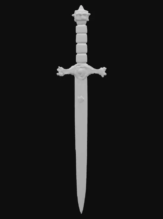 3D model for Церемониальный кинжал с лезвием из темной, волнистой дамасской стали и рукоятью из полированного черного дерева. Лезвие острое, с уникальным узором, ощущается холодным и тяжелым. Рукоять гладкая, тепловатая на ощупь, украшена тонкой инкрустацией из серебра и небольшим рубином. Гарда из резной бронзы, покрытой легкой патиной, ощущается слегка шершавой на ощупь.