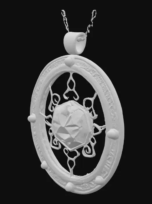 3D model for Магический амулет в форме овала, с центральным кристаллом, окруженным серебряной филигранью. Кристалл прозрачный, с мягким внутренним свечением от голубого до фиолетового, гладкий и прохладный. Серебряная филигрань тонкая, изящная, с матовой поверхностью, слегка шершавая на ощупь. Амулет кажется легким, но излучает загадочную ауру и притягивает взгляд своим мерцанием.