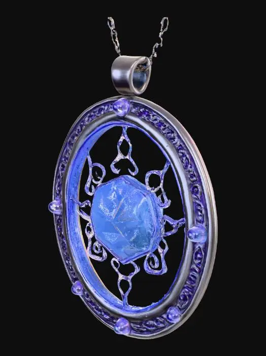 3D model for Магический амулет в форме овала, с центральным кристаллом, окруженным серебряной филигранью. Кристалл прозрачный, с мягким внутренним свечением от голубого до фиолетового, гладкий и прохладный. Серебряная филигрань тонкая, изящная, с матовой поверхностью, слегка шершавая на ощупь. Амулет кажется легким, но излучает загадочную ауру и притягивает взгляд своим мерцанием.