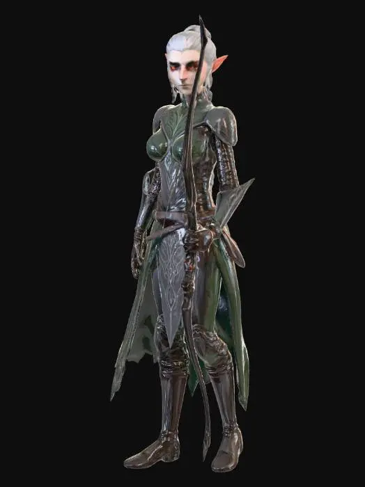 3D model for Высокий и стройный темный эльф-лучник, его кожа пепельно-серая, гладкая и прохладная на ощупь. Волосы длинные, цвета воронова крыла, заплетены в сложную косу. Глаза ярко-красные, с вертикальными зрачками. На нем легкая кожаная броня темно-зеленого цвета, с выгравированными эльфийскими узорами, ощущающаяся гибкой, но прочной. На спине закреплен изящный лук из черного дерева с инкрустацией.
