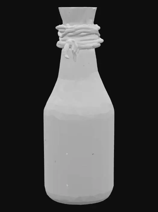 3D model for Маленькая стеклянная бутылка, ее тело имеет выпуклую форму и полупрозрачный рубиновый оттенок. Внутри нее плещется ярко-красная, мерцающая жидкость, выглядящая густой и вязкой. Горлышко бутылки запечатано пробкой из натурального дерева, которая имеет грубоватую, пористую текстуру, и обмотано тонкой льняной нитью.