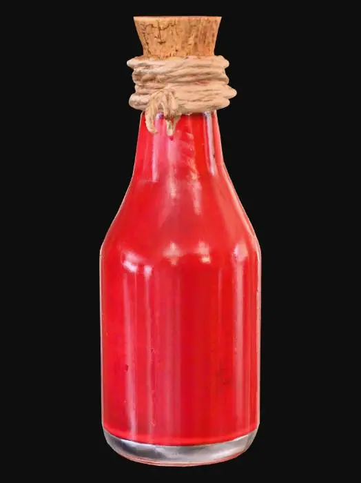 3D model for Маленькая стеклянная бутылка, ее тело имеет выпуклую форму и полупрозрачный рубиновый оттенок. Внутри нее плещется ярко-красная, мерцающая жидкость, выглядящая густой и вязкой. Горлышко бутылки запечатано пробкой из натурального дерева, которая имеет грубоватую, пористую текстуру, и обмотано тонкой льняной нитью.