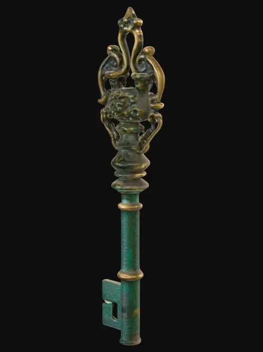 3D model for Старинный бронзовый ключ с замысловатой кованой головкой и длинным, тонким стержнем. Головка ключа украшена витиеватыми узорами, а его поверхность покрыта патиной, придающей ему темно-зеленый оттенок. Металл выглядит тяжелым и прочным, с легкой шероховатостью, вызванной возрастом.