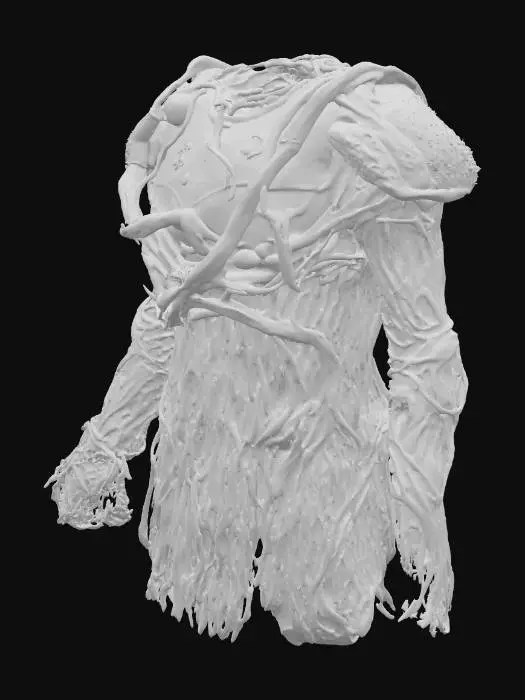 3D model for Доспех из живых корней представляет собой переплетение темно-бурых, извилистых корней, формирующих контур брони. Поверхность корней грубая и волокнистая, местами покрытая влажным зеленым мхом и вкраплениями темной коры. Хотя броня выглядит плотной и прочной, она кажется удивительно гибкой и упругой на ощупь, словно все еще слегка растет.