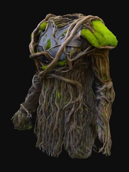 3D model for Доспех из живых корней представляет собой переплетение темно-бурых, извилистых корней, формирующих контур брони. Поверхность корней грубая и волокнистая, местами покрытая влажным зеленым мхом и вкраплениями темной коры. Хотя броня выглядит плотной и прочной, она кажется удивительно гибкой и упругой на ощупь, словно все еще слегка растет.