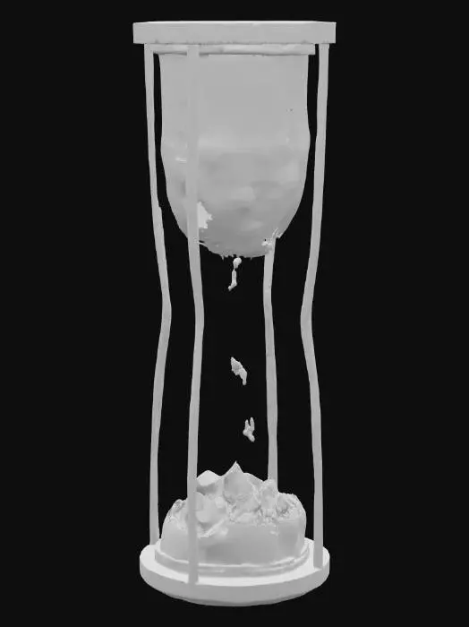3D model for Песочные часы-меняющие-песок имеют изящный, вытянутый корпус из дымчатого стекла, внутри которого пересыпаются не обычные песчинки. Вместо этого, падающий поток состоит из мерцающих, постоянно меняющих цвет кристаллов: от золотистого к серебристому, а затем к спектрально-переливающимся оттенкам. Стекло гладкое и прохладное, а внутреннее содержимое выглядит текучим и завораживающим.