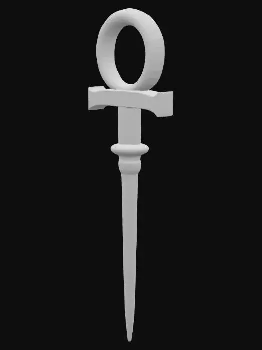 3D model for Египетский анкх-скипетр, выполненный из отполированного золота, имеет гладкую, холодную поверхность. Его навершие в форме петли анкха украшено вставками из ярко-синего лазурита и красного сердолика, которые кажутся гладкими и блестящими. Стержень скипетра тонкий, с выгравированными иероглифами, которые едва ощутимы под пальцами.