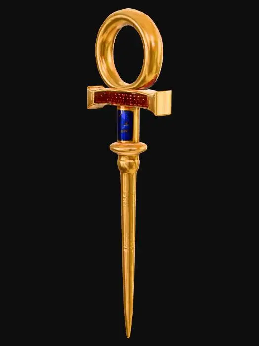 3D model for Египетский анкх-скипетр, выполненный из отполированного золота, имеет гладкую, холодную поверхность. Его навершие в форме петли анкха украшено вставками из ярко-синего лазурита и красного сердолика, которые кажутся гладкими и блестящими. Стержень скипетра тонкий, с выгравированными иероглифами, которые едва ощутимы под пальцами.
