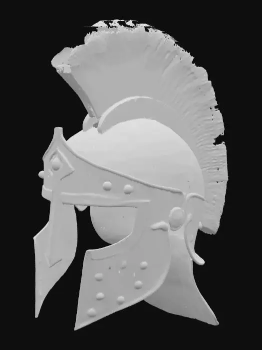 3D model for Римский легионерский шлем из чеканной бронзы, покрытый тусклой, потертой патиной. Его поверхность испещрена небольшими вмятинами и царапинами, свидетельствующими о сражениях, но сохраняет свой металлический блеск. На вершине шлема закреплен высокий красный плюмаж из конского волоса, который кажется мягким и слегка растрепанным, добавляя яркий акцент.