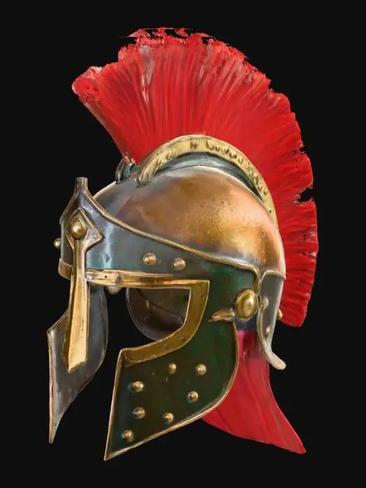 3D model for Римский легионерский шлем из чеканной бронзы, покрытый тусклой, потертой патиной. Его поверхность испещрена небольшими вмятинами и царапинами, свидетельствующими о сражениях, но сохраняет свой металлический блеск. На вершине шлема закреплен высокий красный плюмаж из конского волоса, который кажется мягким и слегка растрепанным, добавляя яркий акцент.