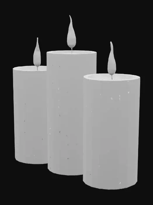 3D model for Комплект из трех свечей разной высоты, изготовленных из натурального пчелиного воска, каждая имеет цилиндрическую форму. Их поверхность слегка шероховатая, с характерной для воска мягкой текстурой и едва заметными следами от фитиля. Цвет свечей — теплый, золотисто-желтый, а из каждой выступает белый хлопковый фитиль, который выглядит слегка обгоревшим на конце.