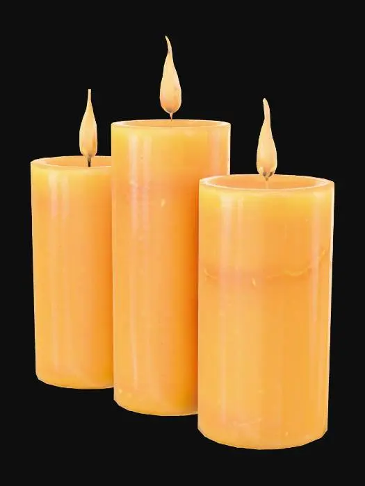 3D model for Комплект из трех свечей разной высоты, изготовленных из натурального пчелиного воска, каждая имеет цилиндрическую форму. Их поверхность слегка шероховатая, с характерной для воска мягкой текстурой и едва заметными следами от фитиля. Цвет свечей — теплый, золотисто-желтый, а из каждой выступает белый хлопковый фитиль, который выглядит слегка обгоревшим на конце.