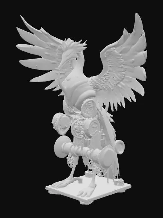3D model for Механический феникс, изготовленный из полированной латуни и позолоченных элементов, имеет величественный силуэт с распростертыми крыльями. По всей его поверхности видны многочисленные шестерни, видимые механизмы и вентиляционные отверстия, из которых клубится пар. Латунь блестит теплым золотистым светом, а металл ощущается прохладным и гладким, но при этом массивным.