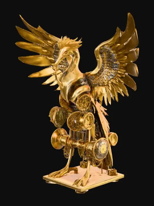 3D model for Механический феникс, изготовленный из полированной латуни и позолоченных элементов, имеет величественный силуэт с распростертыми крыльями. По всей его поверхности видны многочисленные шестерни, видимые механизмы и вентиляционные отверстия, из которых клубится пар. Латунь блестит теплым золотистым светом, а металл ощущается прохладным и гладким, но при этом массивным.