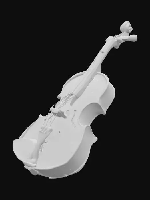 3D model for Скрипка, полностью вырезанная из полупрозрачного аметистового кристалла. Ее поверхность идеально гладкая и холодная, с множеством тонких, почти невидимых граней, которые преломляют свет, придавая ей глубокий, насыщенный фиолетовый оттенок. Все детали, включая колки и струны, вырезаны из того же кристалла. Инструмент выглядит хрупким, но невероятно изящным.