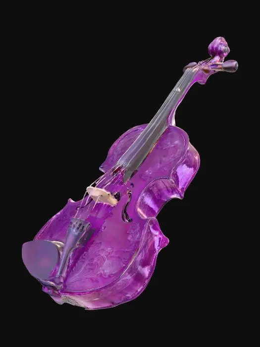 3D model for Скрипка, полностью вырезанная из полупрозрачного аметистового кристалла. Ее поверхность идеально гладкая и холодная, с множеством тонких, почти невидимых граней, которые преломляют свет, придавая ей глубокий, насыщенный фиолетовый оттенок. Все детали, включая колки и струны, вырезаны из того же кристалла. Инструмент выглядит хрупким, но невероятно изящным.