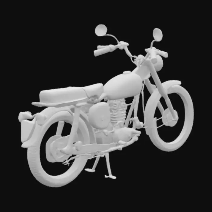 3D model for Ретро-байк 60-х с открытой механике, кожаным сиденьем и хромированными деталями. Возможность снять крышку и увидеть "двигатель