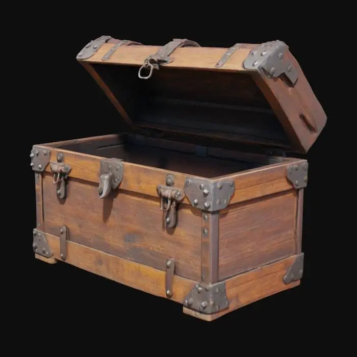 3D model for Старый деревянный сундук с крышкой, украшенный массивными металлическими накладками и заклепками. Дерево темное, глубокого коричневого цвета, с выраженной текстурой и видимыми следами износа и потертостей. Металлические детали имеют тусклый, состаренный вид, покрытый легкой ржавчиной. На ощупь он грубый и массивный.