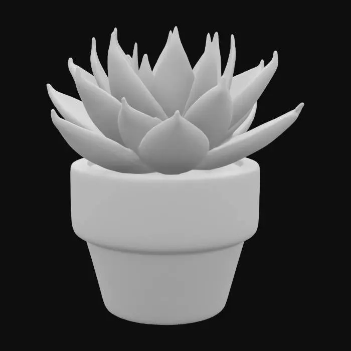 3D model for Небольшое комнатное растение суккулент в простом терракотовом горшке. Листья растения мясистые, округлые, окрашены в серо-зеленый цвет с легким розоватым оттенком по краям. Их поверхность гладкая, слегка восковая. Горшок имеет пористую, шероховатую текстуру и землистый оранжево-коричневый цвет.