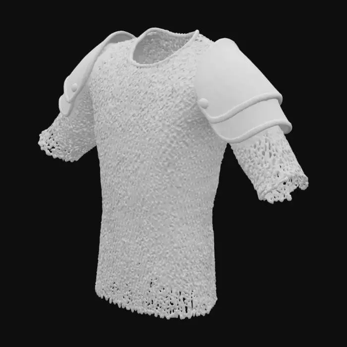 3D model for Кольчуга из тысяч плотно сплетенных стальных колец, создающих гибкое, но тяжелое полотно. Каждое кольцо имеет тусклый, серый оттенок, некоторые покрыты легкой патиной или следами ржавчины. На ощупь она прохладная и тяжелая, издает характерный металлический звон при движении, словно множество мелких цепочек.